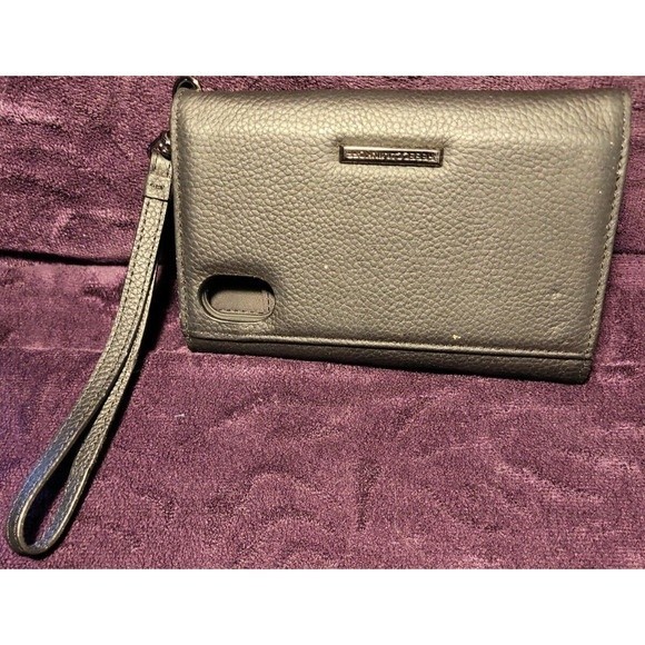 Cell Phone Wallet Rebecca Minkoff Black Textured Leather Wristlet iPhone 9 Case - Picture 1 of 4